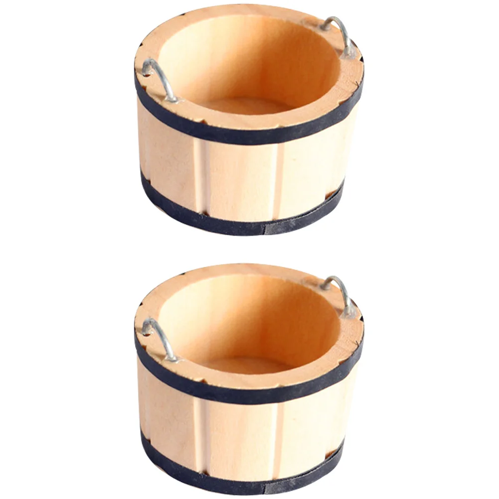 

2 Pcs Miniature Gardening Toy Fake Buckets Log Color Wooden Barrel Decorate Round