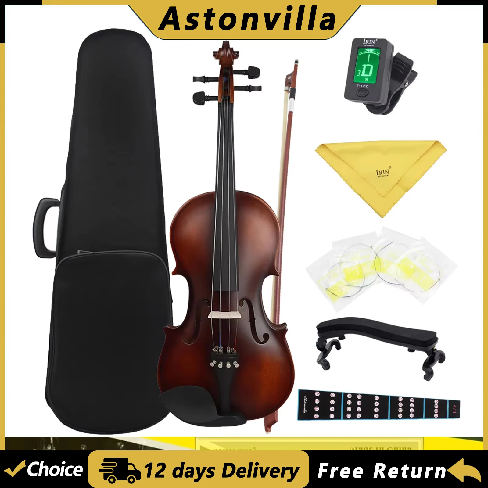 Astonvilla AV-590 4/4 Violine Akustisch Massivholz Retro Matt Violine aus Lindenholz mit Koffer, Bogen, Saiten, Schulterstütze und Stimmgerät