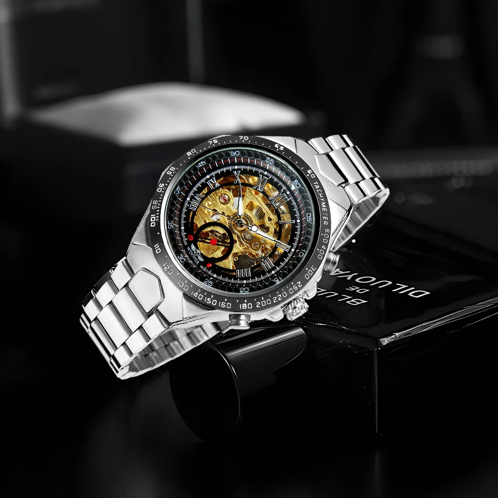 T-WINNER رجال الأعمال التلقائي الهيكل العظمي الميكانيكية ووتش ريترو فضي أسود جوفاء الهاتفي الفولاذ المقاوم للصدأ رجل ساعة يد رياضية