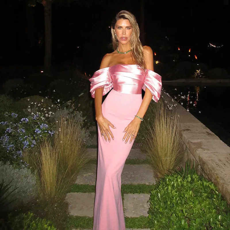Cetim fora do ombro vestido de noite clube vestidos 2025 feminino outono sexy bodycon maxi vestidos festa elegante noite baile vestido rosa
