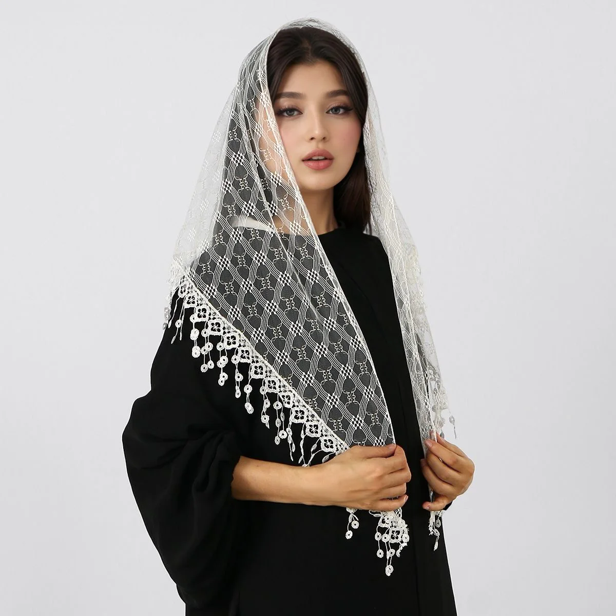 Boho Lace Triangle Scarf with Tassel Embroidered Solid Color Shawls Veil Fashion Headscarf Wedding Shawls Prayer Hijab For Women