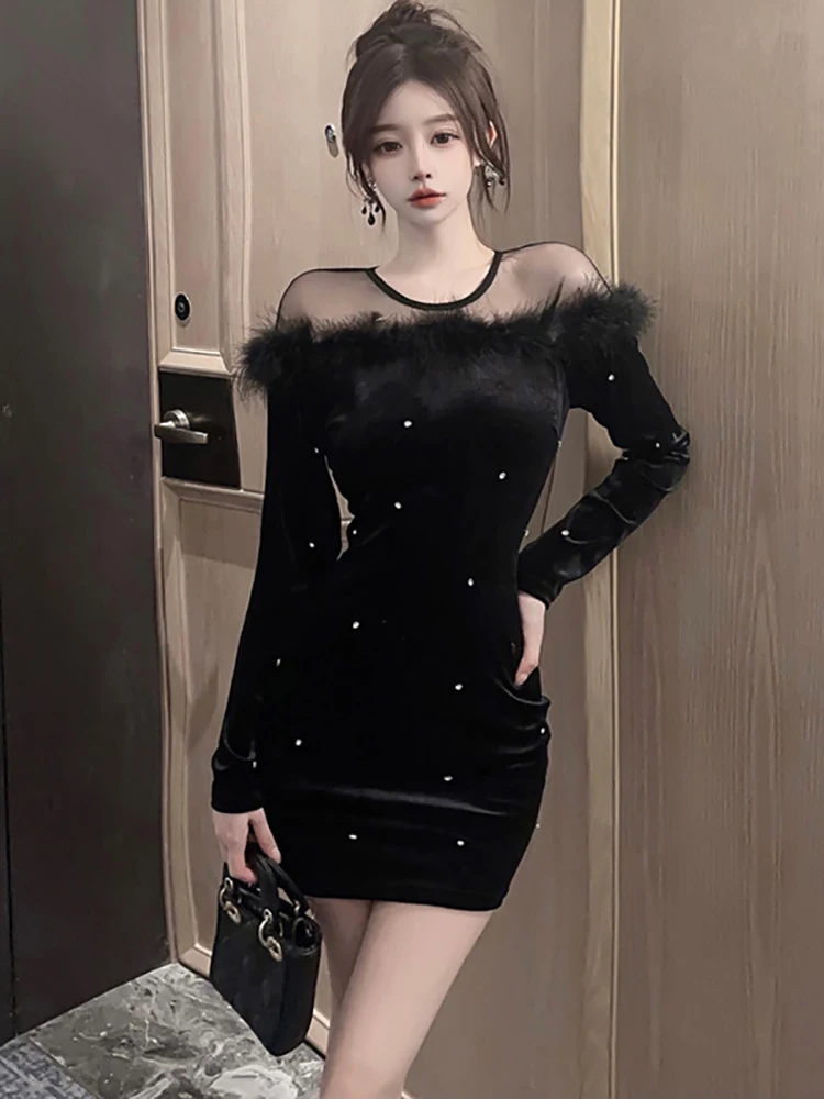 

Autumn Winter Black Velvet Diamonds Long Sleeve Dress Women Fashion Patchwork Hollow Out Sexy Dress 2025 Elegant Bodycon Dresses