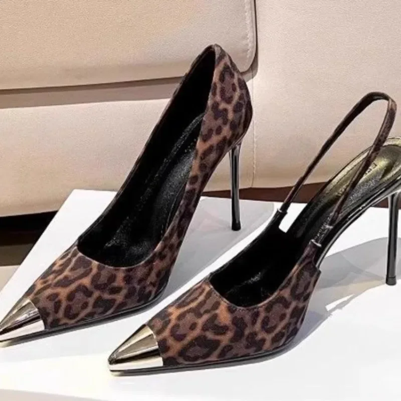 Zapatos de diseño con espalda puntiaguda, zapatos individuales vacíos para mujer, primavera y otoño 2025, tacones altos con estampado de leopardo para mujer, Stiletto