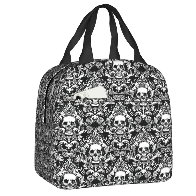 Halloween Victorian Gothic Skull Damask Lunch Bag Reusable Cooler Thermal Insulated Lunch Tote For Women Storage Food Bento Box