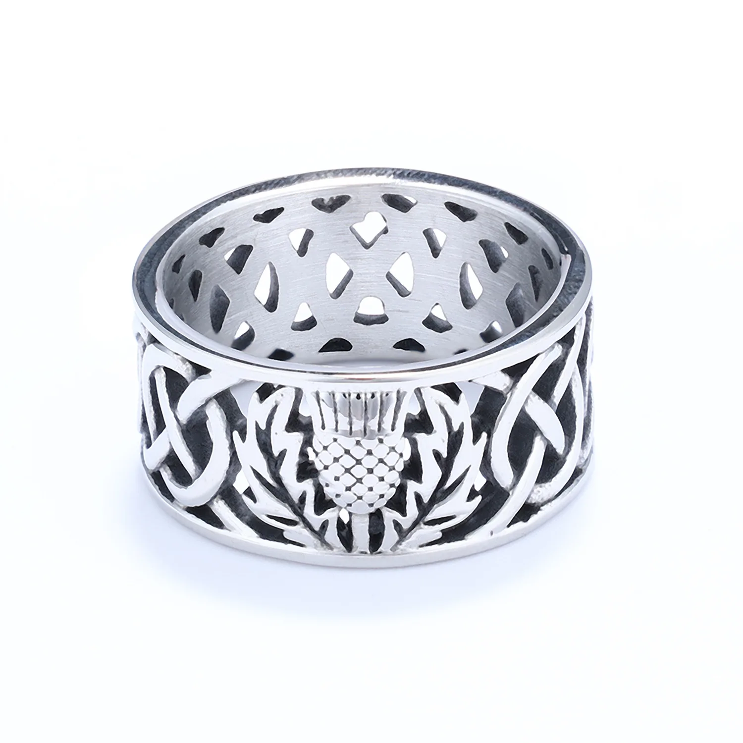 LNCHRAN Herrenring aus 316L-Edelstahl, silberfarben, mit Distel- und keltischem Knoten, durchbrochenes Band, Vintage-Schmuck, Geschenk für Männer – Detail 3