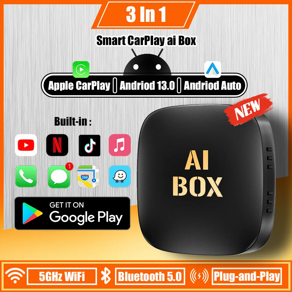 Smart Android13 TV Box Carplay and Android Auto 3in1 Adapter Built-in Netflix YouTube Play Store CarPlay Video Box Plug and Play