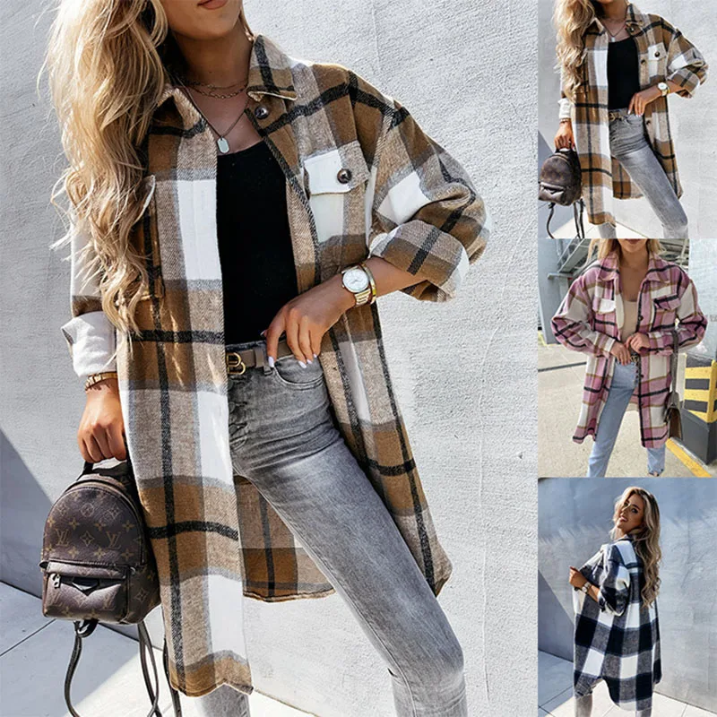 

Autumn New Women's Coat Loose Woolen Cloth Plaid Overcoat Versatile Turn Down Collar Fashion Long Sleeve Shirt Coats Streetwears