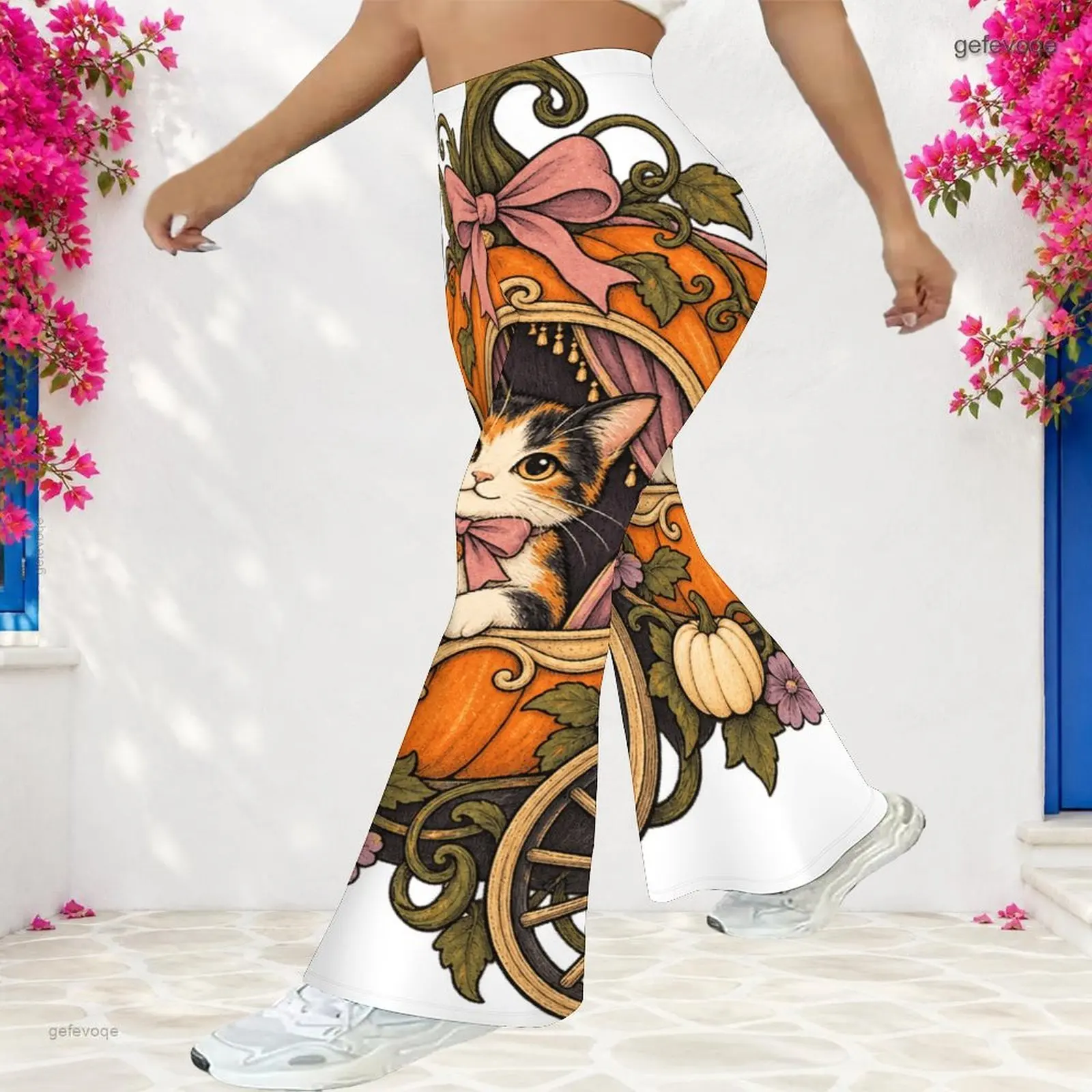 Women High Waist Full Length Flared Pants Printed Cartoon Moon Star Cloud Bat Pumpkin Floral Patterns