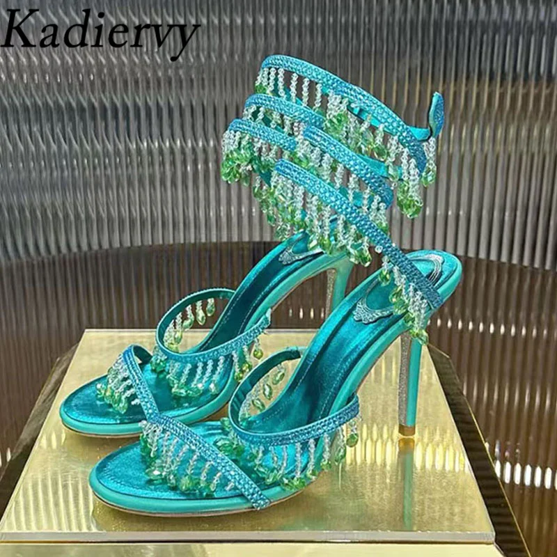 

Сексуальные женские босоножки-гладиаторы на высоком каблуке с кристаллами, бусинами и змеевидными ремешками вокруг щиколотки, свадебные туфли, летние сандалии для женщин