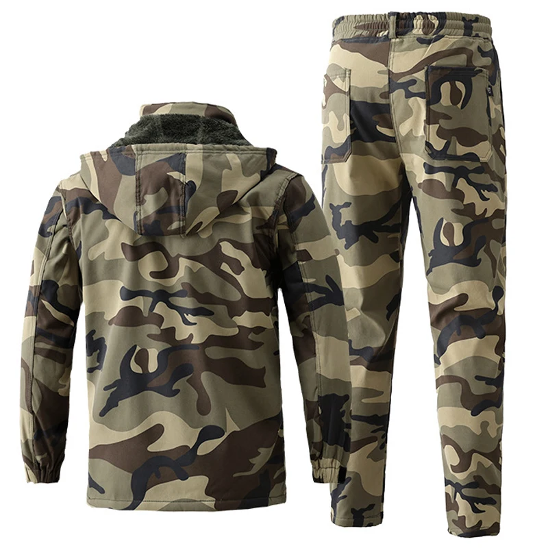 Waterproof Fleece Thickened Camouflage Men\'s Set Multiple Pockets Wear-resistant Jacket Men\'s Outdoor Sports Skiing 2-piece Suit