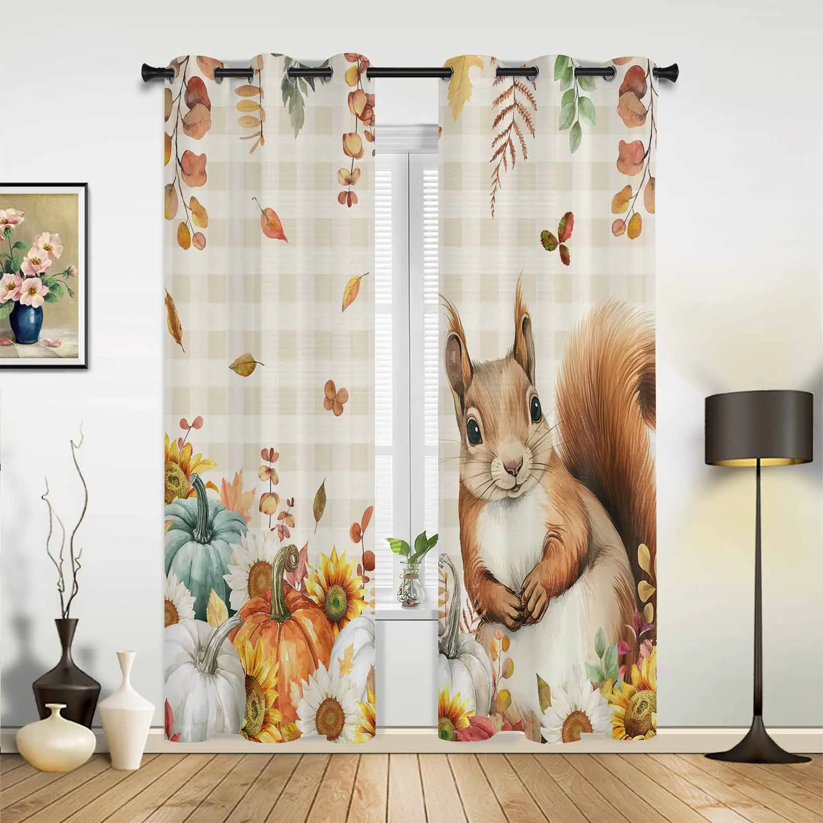 Thanksgiving Eucalyptus Leaf Pumpkin Sunflower Squirrel Modern Curtains for Living Room Bedroom Window Curtains Hotel Drapes