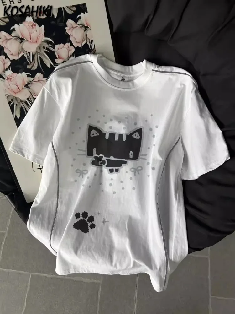 

Summer Loose Kawaii Cat Printing Women T-Shirts Casual All Match Vintage Harajuku Tshirts Y2k Aesthetic Grunge Tee Shirts Femme