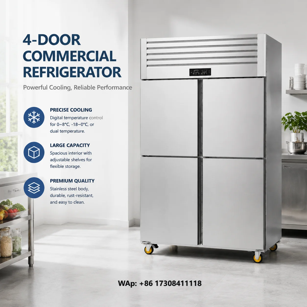 4-Door Commercial Refrigerator Stainless Steel Large Capacity with Digital Temperature Control & Adjustable Shelves for Catering