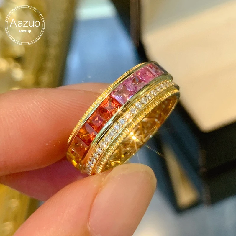 

Aazuo 18K Yellow Gold Natrual Rainbow Sapphire Real Diamonds Luxury Ring Gifted For Woman Wedding Day Deluxe Banquet Party