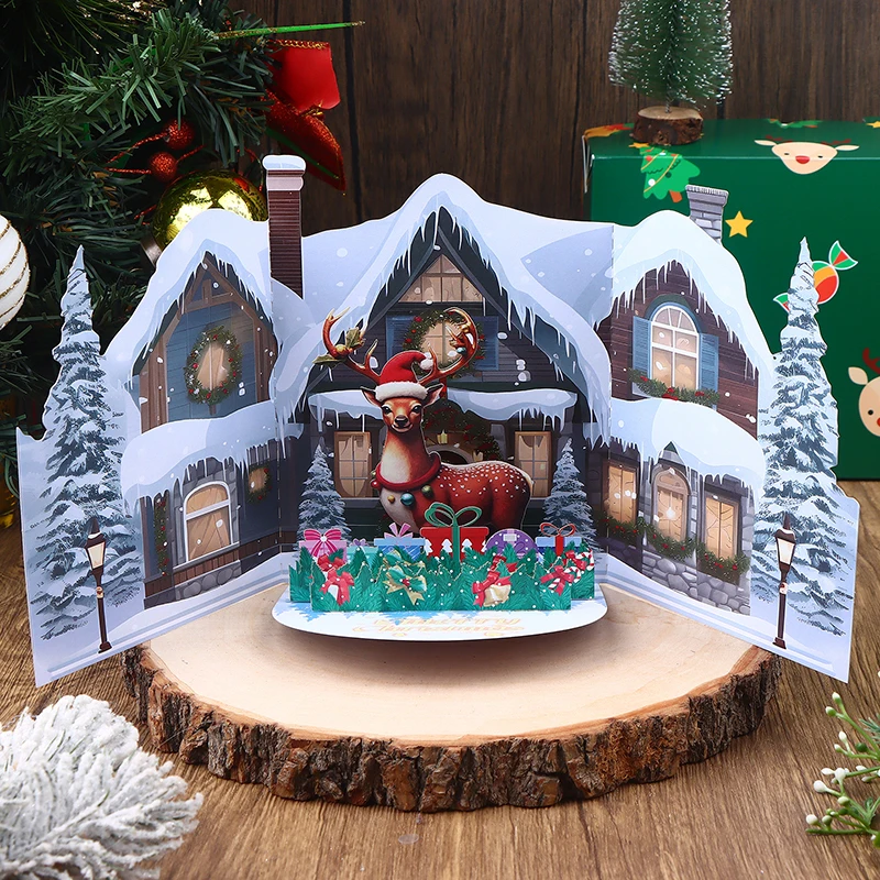 

{HMA84}3D Christmas Card With Snow House And Elk Design Envelope Festivel Greeting Card For Family Friends