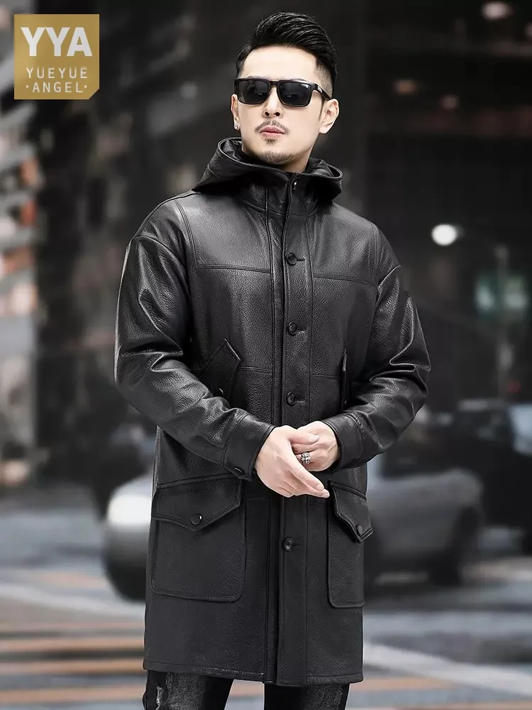 

Long Goatskin Windbreaker Trench Coat Business Casual Work Hooded Genuine Leather Jacket Loose Fit Single Breasted Overcoat 5XL