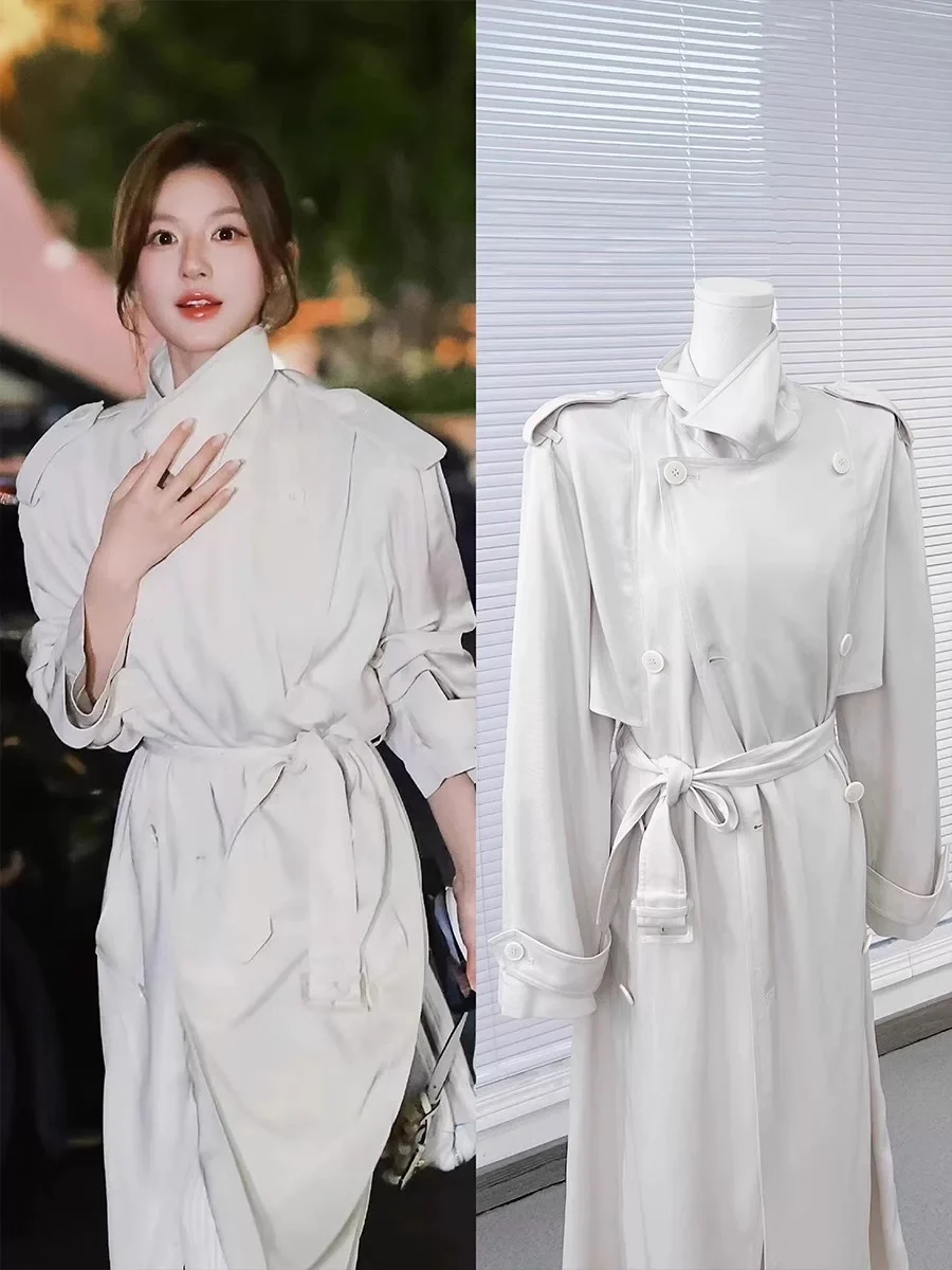 

Elegant White Double-Row Button Long Coat Korean Style Spring Autumn Windbreaker Straight Cut Commute Fashion Outerwear