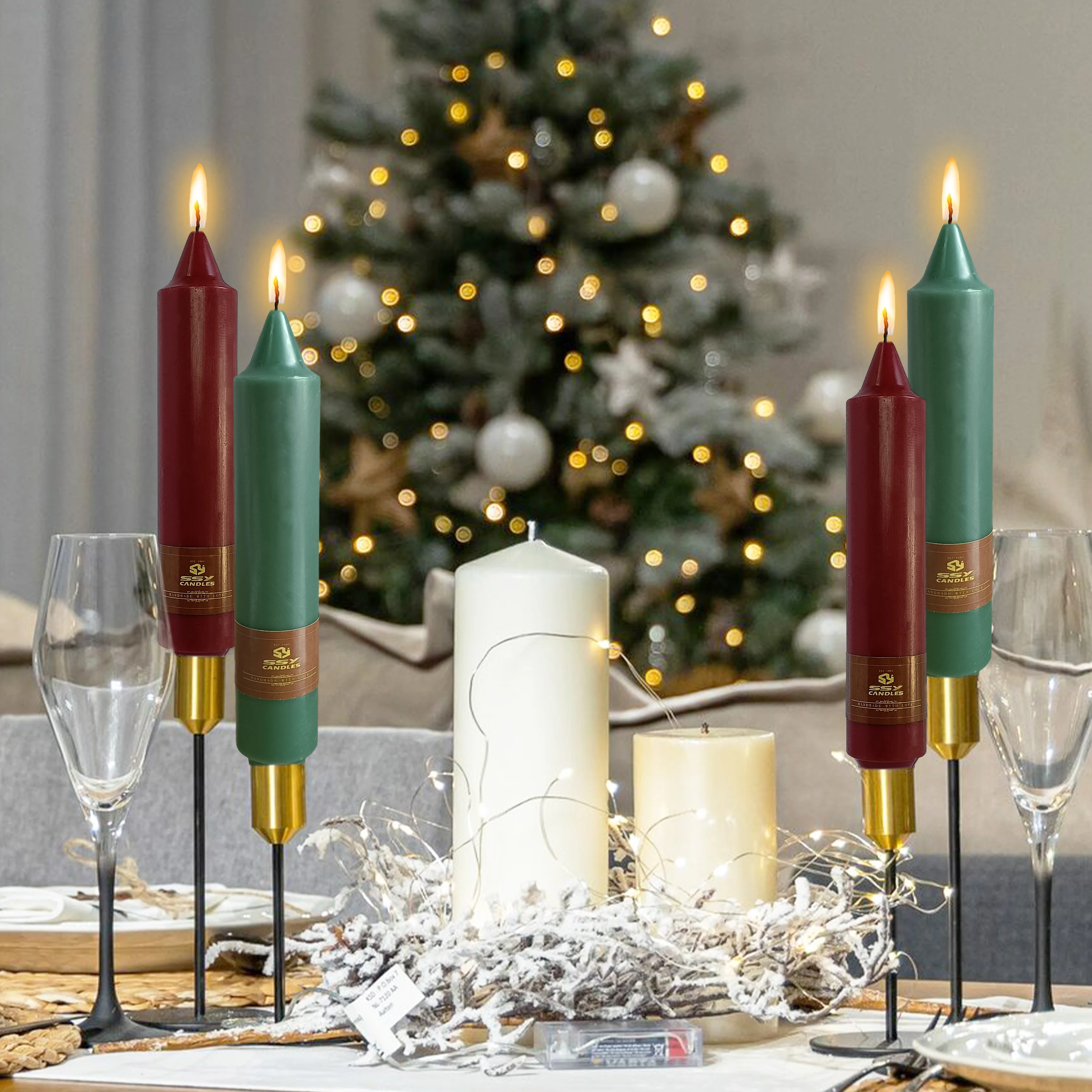 4 Pcs 7 Inch Christmas Red & Green Candles Smokeless Unscented Handmade Paraffin Candles Evening Party Home Decor Candles