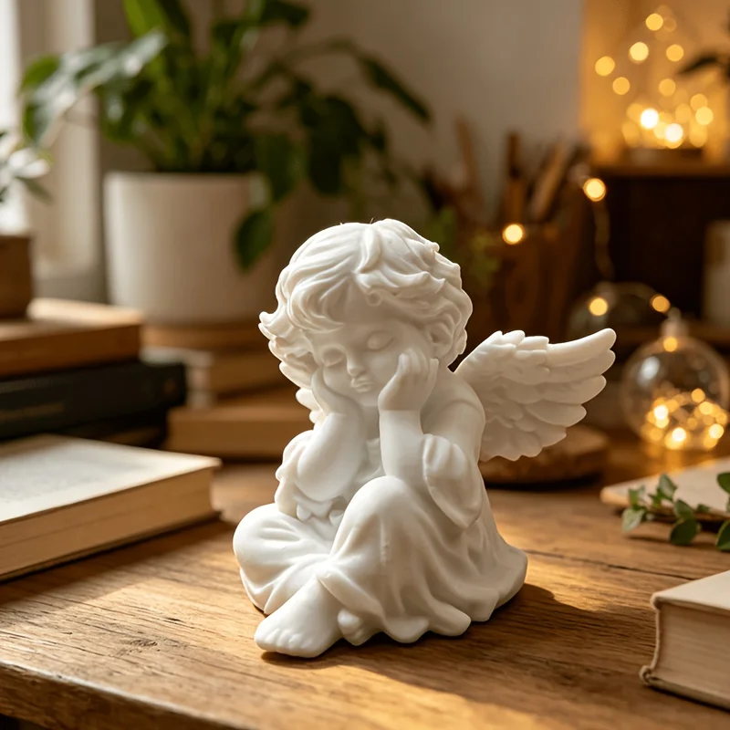 Sweet White Angel Statue 3D Printed CanDIY Cute Thinking Cherub Mini Figurine Home Decor Wedding Romantic Souvenir Ornament Gift view 4