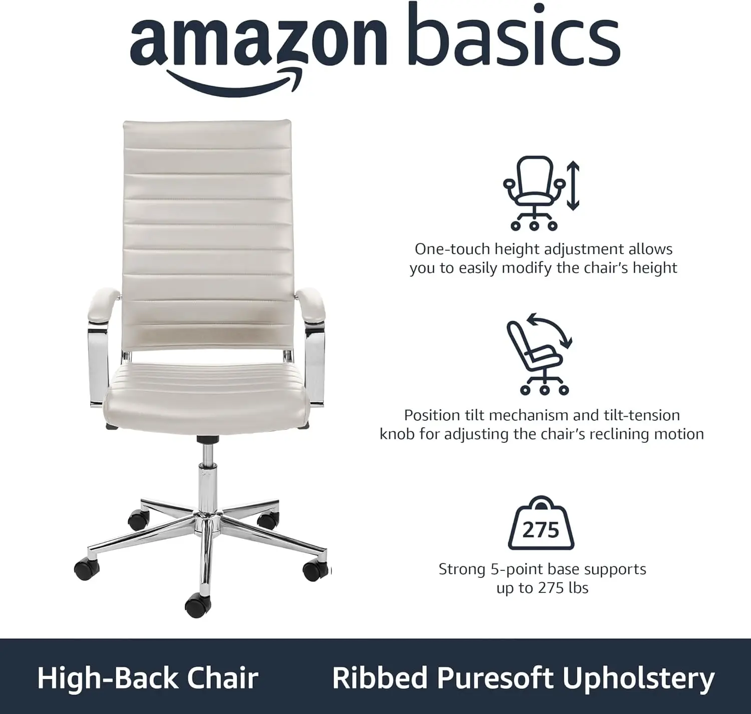 Basics Silla de escritorio giratoria con respaldo alto, tapizado ergonómico de piel sintética acanalada, soporte lumbar, estilo moderno para el hogar, impresionante blanco,