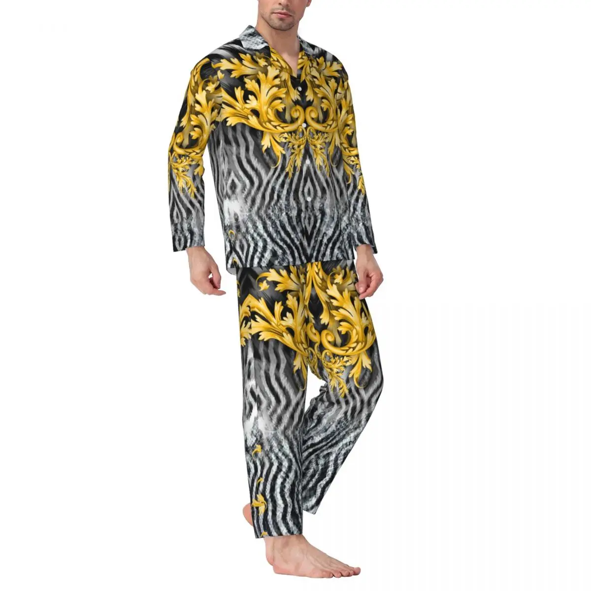 Men's Home Suits Long-sleeved Golden Baroque With Mixed Animal Skin Suits for Autumn and Winter Pajamas for Men