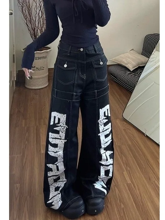 

American Sle Trendy Brand Structured Original Cowhide Knife Letter Print Casual Jeans Street Hip Hop Workwear Pants
