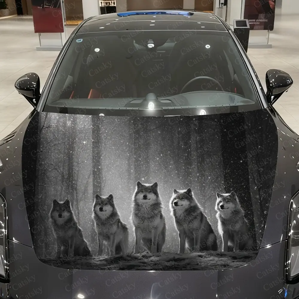 Night Moon Wolf Pack Car Film Sticker, PVC Waterproof Car Cover Self-adhesive Scratch Resistant Sticker, Suitable For Engine Hoo
