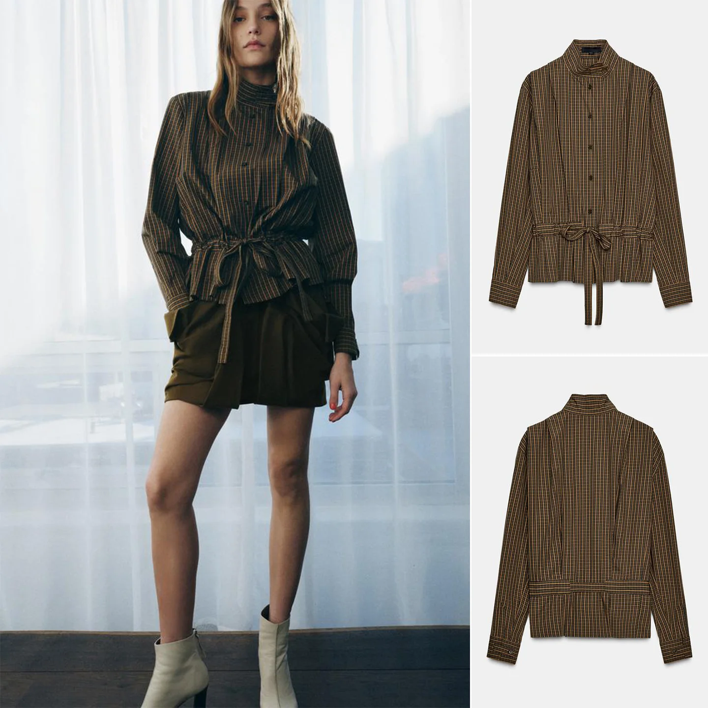 

Spring New Arrival Women's Commute Sle Long Sve Plaid irt Stand Collar Knot Decorated Slim Fit Polyester Fiber