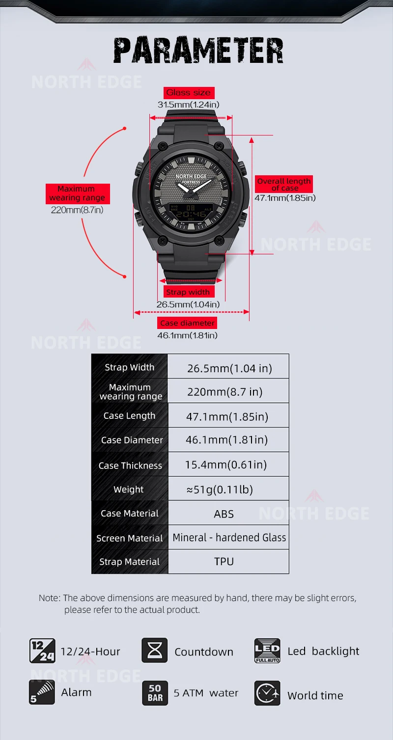 NORTH EDGE FORTRESS 2026 Herren Digitaluhr Outdoor-Sport Wasserdicht 50M Uhren Weltzeit Countdown Elektronische LED-Armbanduhr – Detail 10