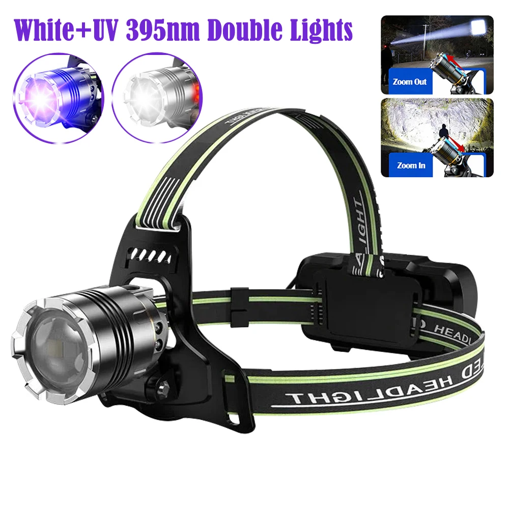 2 in 1 weiß UV 395nm Scheinwerfer USB wiederauf ladbar zoombar LED Scheinwerfer ultraviolette Laterne 4 Modi Skorpion Jagd Stirn lampe