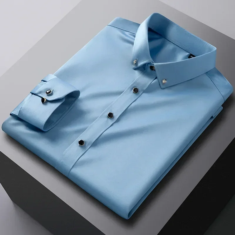 LIBIELIY Men's Quality Shirt, Long Sleeved, New Elastic, Comfortable, And Non Ironing Business Shirt, Korean Slim Fit Men's Clot