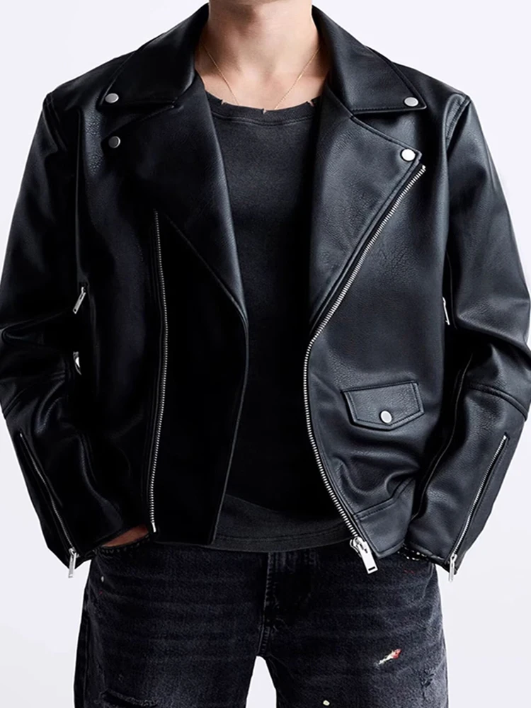 2026 Autumn Winter Zip-up Coats Mens Vintage Lapel Long Sleeve Outerwear Daily Casual Solid Color PU Leather Jacket