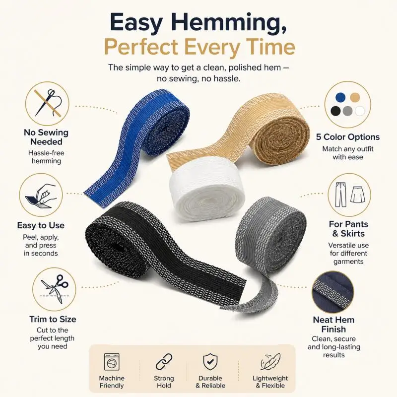 10–1 m selbstklebendes Hosenbordüren-Klebeband zum Aufbügeln für Hosenkanten, zum Verkürzen und Reparieren von Jeans, zum DIY-Nähen von Stoffen – Detail 5