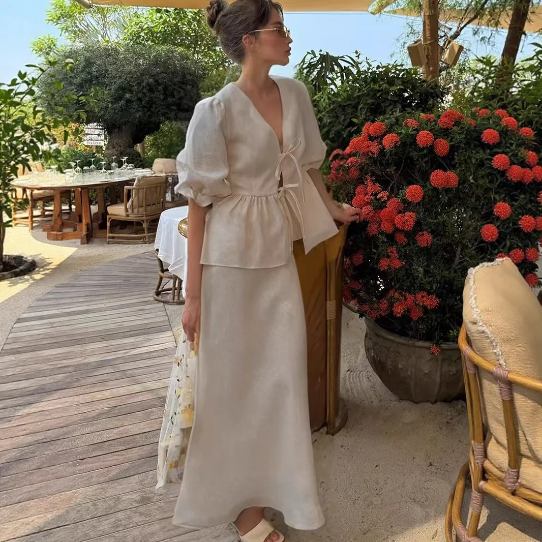 

100% cotton set, summer V-neck bubble sleeve A-shaped long dress 2-piece set, women's fashion pleated loose set