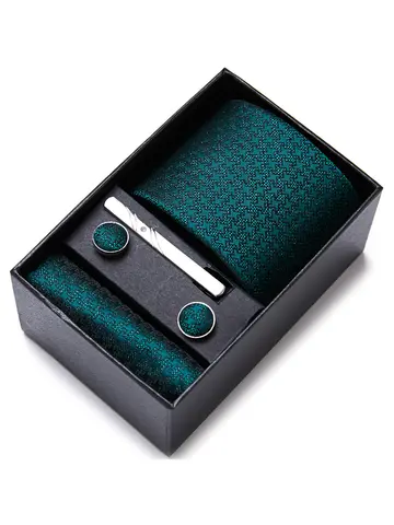 Top Quality 7.5 cm Business Ties Hanky Cufflink Set Tie Clips Green Necktie Corbatas For Men Wedding In Gift Box Gravatas