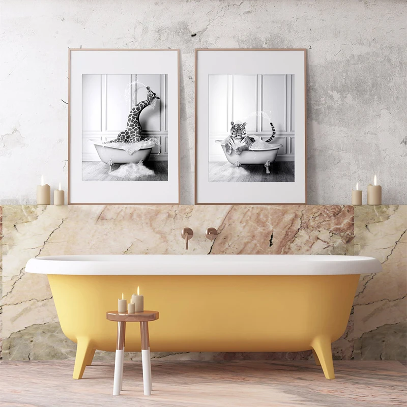 New Arrival Black White Animals In Tub Bathroom Wall Art Canvas Painting Posters and Prints Wall Pictur for Room Decor One Piece