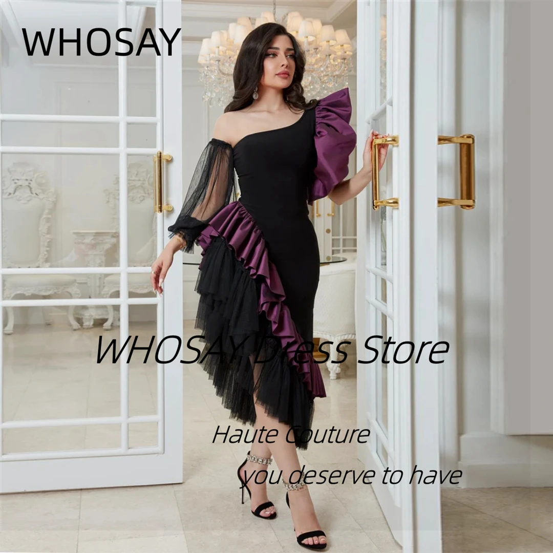 WHOSAY Asymmetrical Prom Dresses 2025 Newest Contrast Color Robe Des Cocktail Party Dress Long Sleeve Evening Gowns