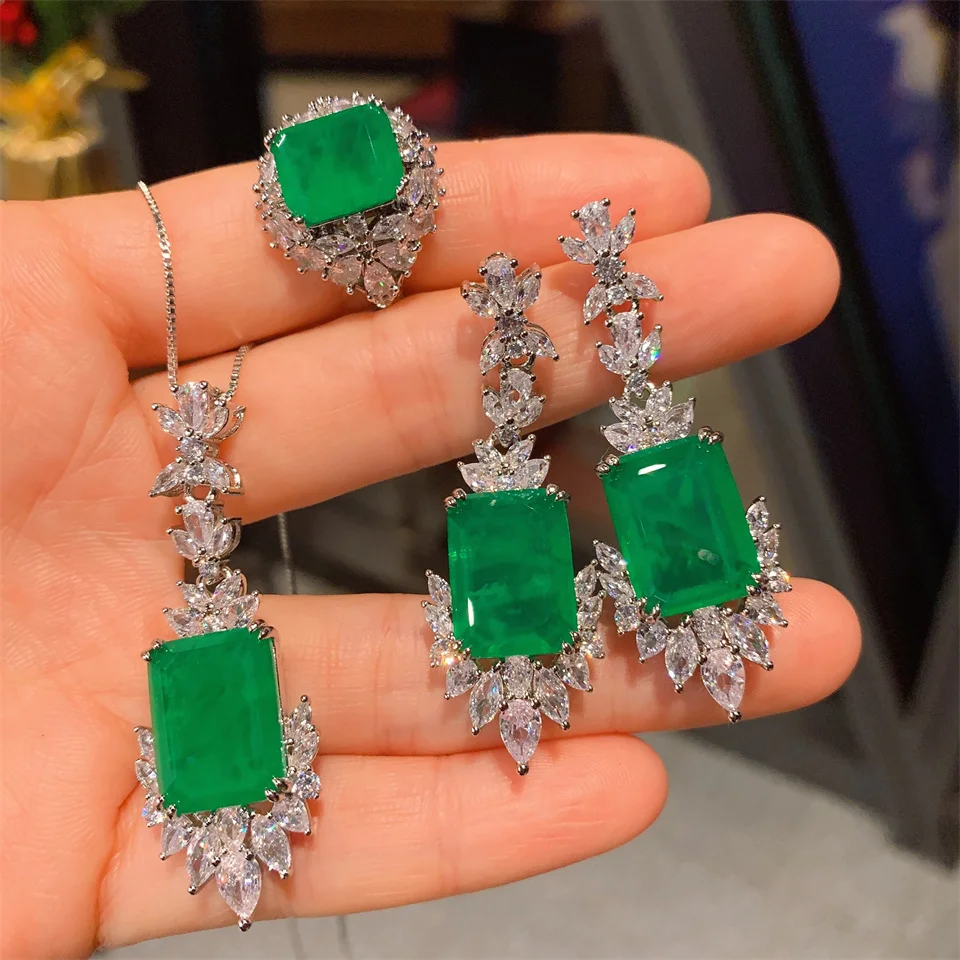 

Emerald Ring Necklace Earring Set Creative Full Diamond Inlay 12*16 Light Luxury Emerald Stainless Steel Jewelry Set For Women