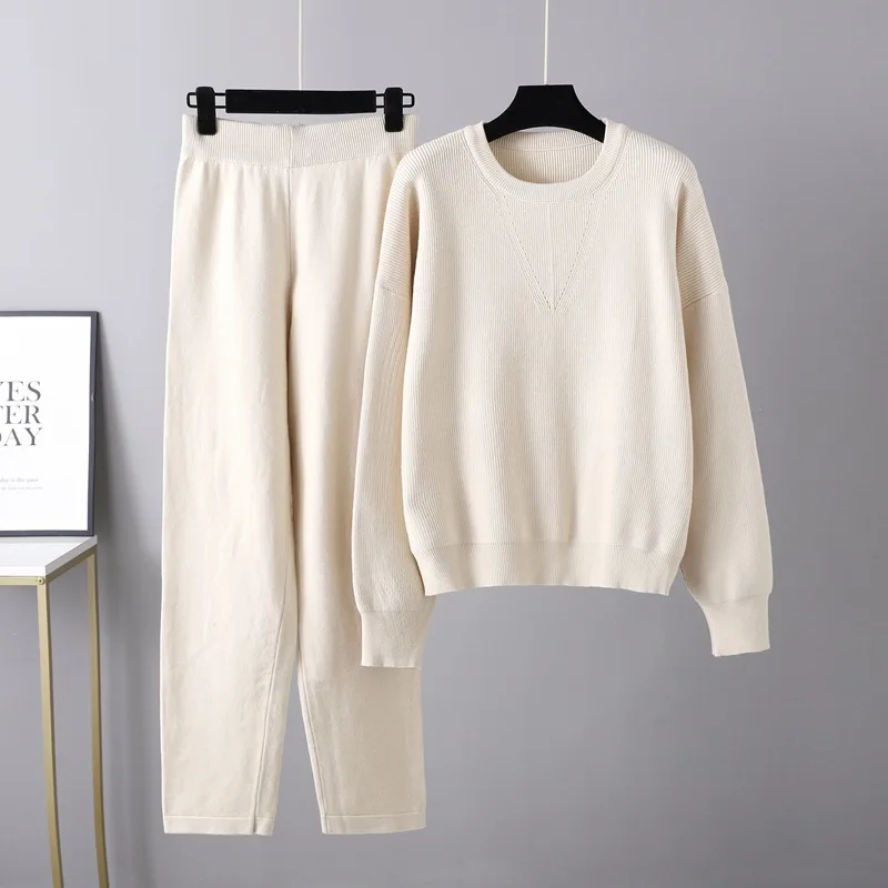 Autumn and winter Europe and the United States 2023 fashion new loose casual sweater two-piece set of solid color