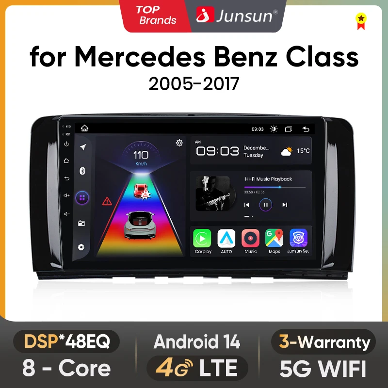 Junsun 360 caméra Android 14 sans fil CarPlay pour Benz classe R W251 2005-2017 écran multimédia 4G RDS SWC GPS Navigation