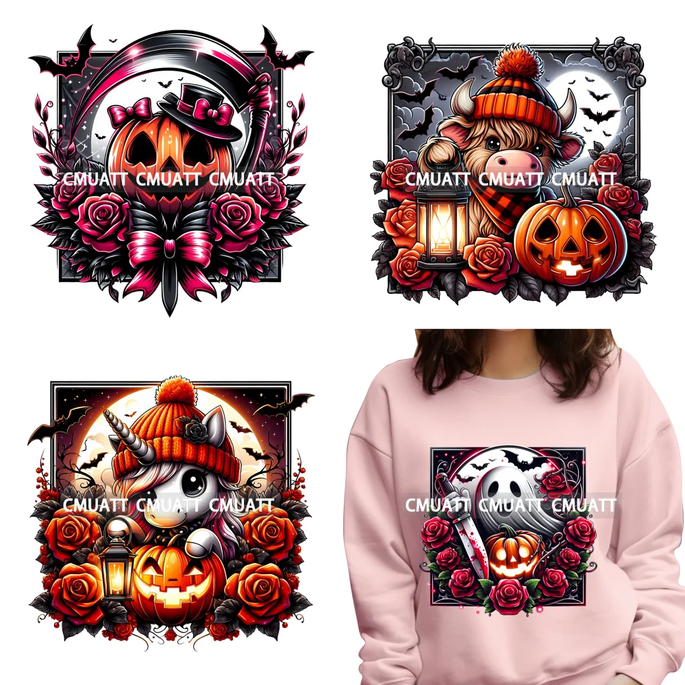 

Halloween Day Cute Animals Scary Pumpkin Flowers DTF Heat Transfer Sticker Washable DIY Ready To Press Iron On Clothing Garments