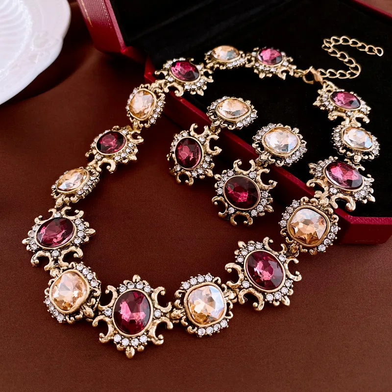 FYUAN Vintage Baroque Style Necklace Earrings For Women Brown Crystal Earrings Banquet Weddings Jewelry Sets