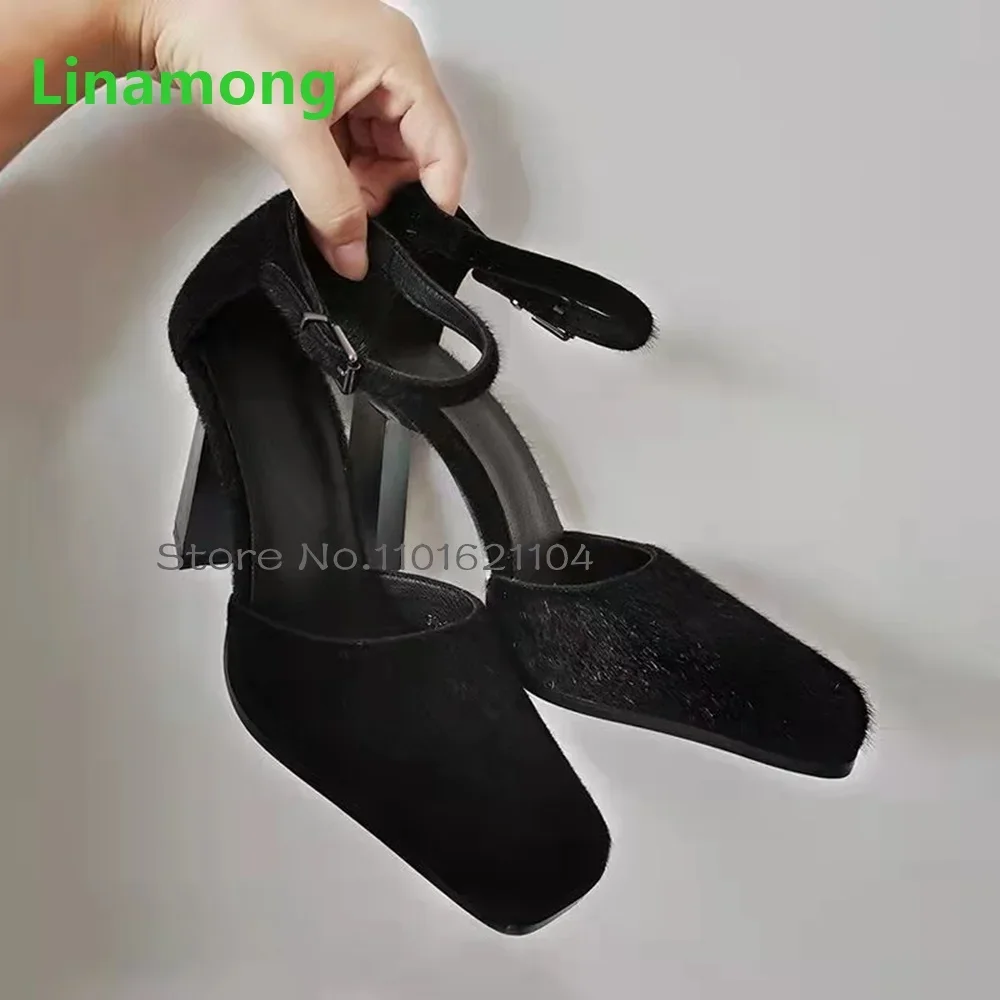 

Black Thick Heel Hollow Pumps For Female Women 2025 New Square Toe Buckle Strap Retro High Heels Cover Fashion Elegant Shoes