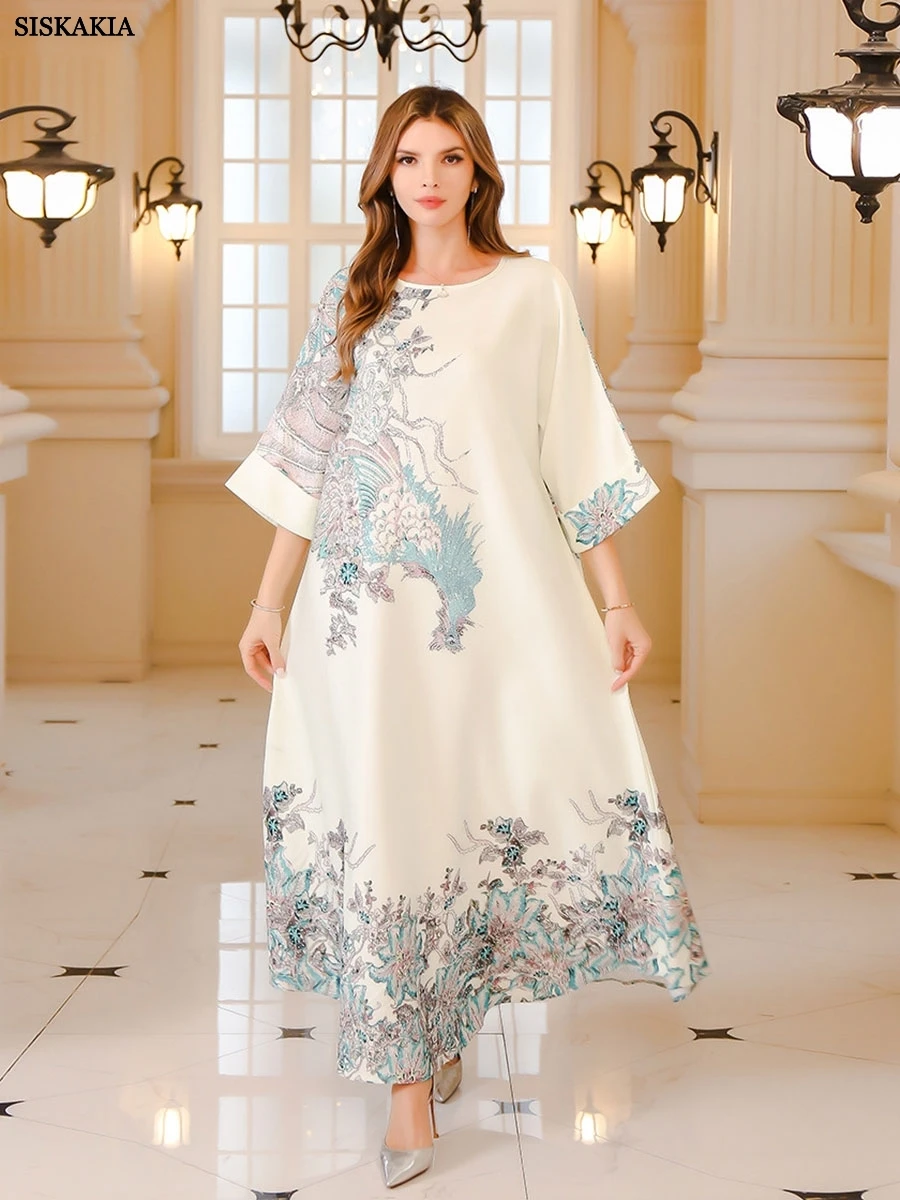 Siskakia Ramadan Muslim Elegant Floral Print Long Abaya Hot Stamping Half Kaftan Saudi Women Evening Dress