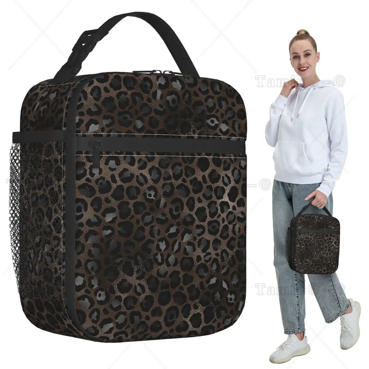 Black Leopard Animal Skin Insulated Lunch Bag for Kids School Cooler Thermal Food Box Tote Portable Lunch Boxes Container