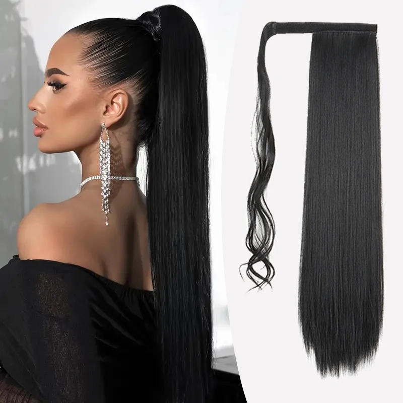 

Synthetic 24Inch Long Straight Ponytail Hair Clip In Extension Heat Resistant Hair Wrap Around Pony Hair Piece for Women