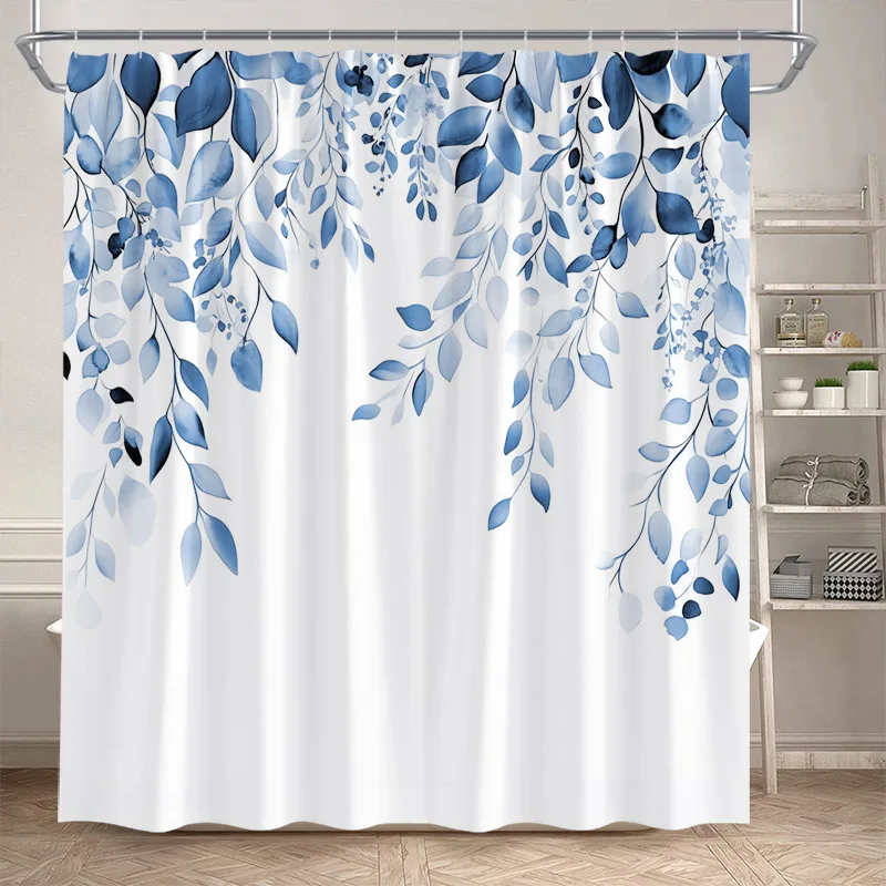 

Blue Floral Leaves Shower Curtains Watercolour Eucalyptus Leaf Botanical Bath Curtain Polyester Home Bathroom Decor with Hooks