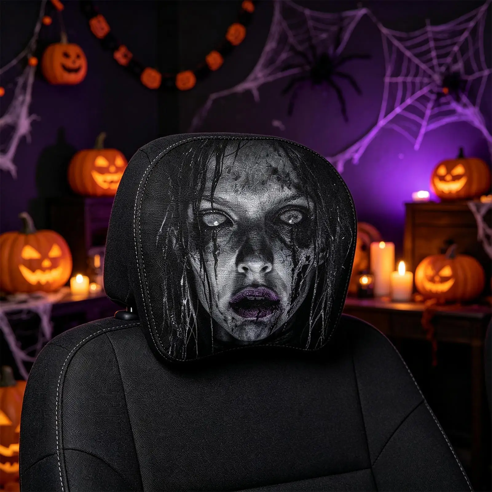 2Pcs 28x26cm Funny Halloween Car Headrest Covers, Prank Seat Protector Decor Cover for Isolate sweat dust daily scratches