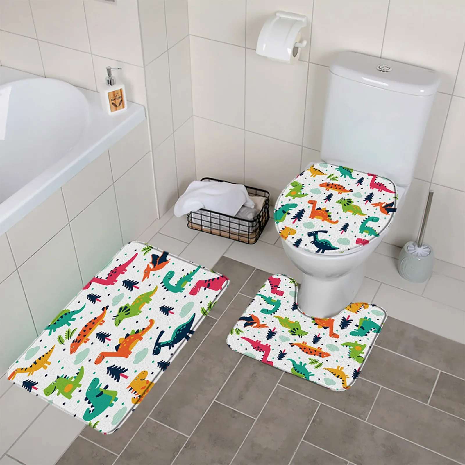 Cartoon Animals 3pcs Bathroom Mat Set Funny Dinosaur Cat Dog Turtle Shower Rugs Carpet Toilet Lid Cover Anti Slip Bathroom Decor