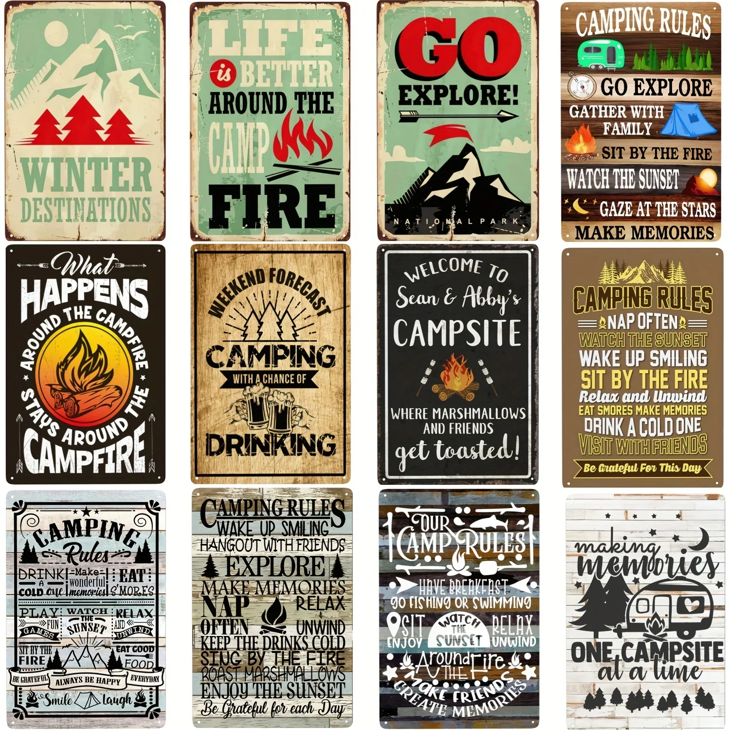 Vintage Camping Tin Sign, Camping Rules, Cather with Family, Sit By The Fire, for Cafes Bars Pubs Shop Wall Signs for Men Women